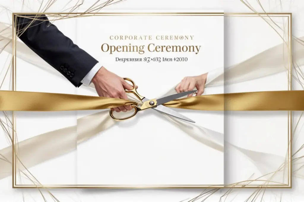 corporate opening ceremony invitation card ribbon cutting professional elegant gold and white design