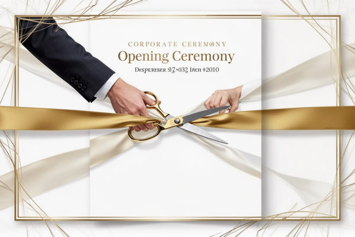 corporate opening ceremony invitation card ribbon cutting professional elegant gold and white design