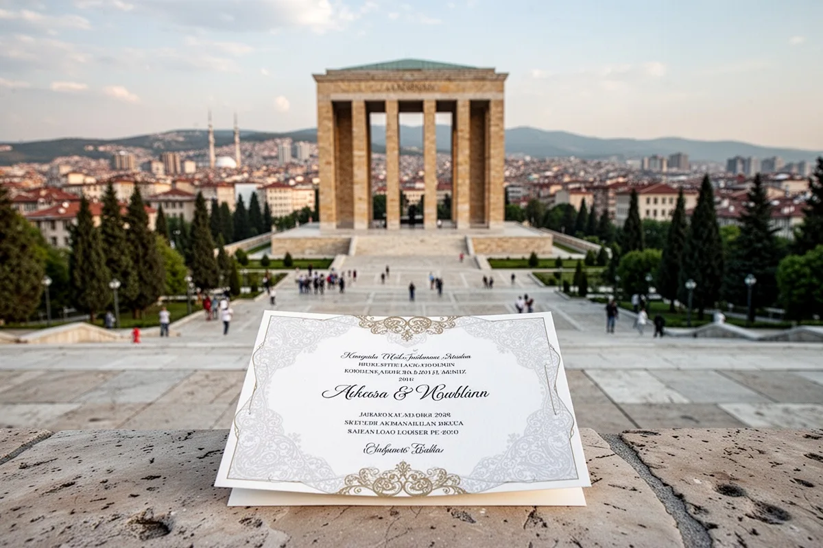 Ankara city view with wedding invitation card in foreground Ataturk mausoleum background elegant composition