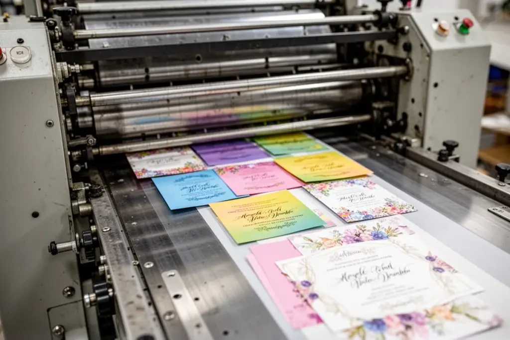 wedding invitation printing press machine professional offset printing colorful cards coming out