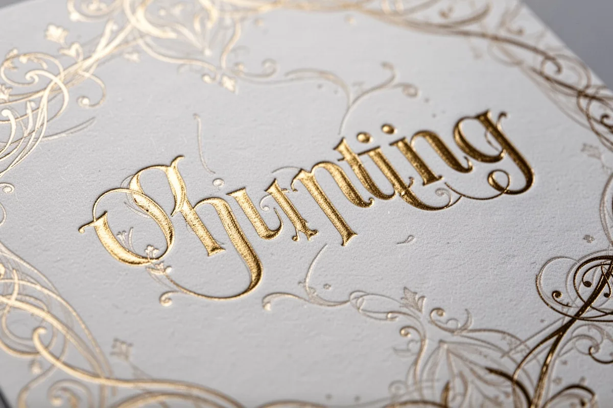 close-up of embossed foil wedding invitation gold shiny letters luxury print quality