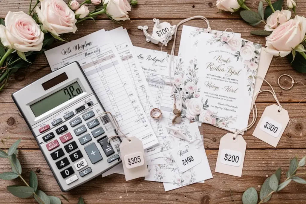 wedding budget planning with calculator wedding invitations and price tags on wooden table flat lay