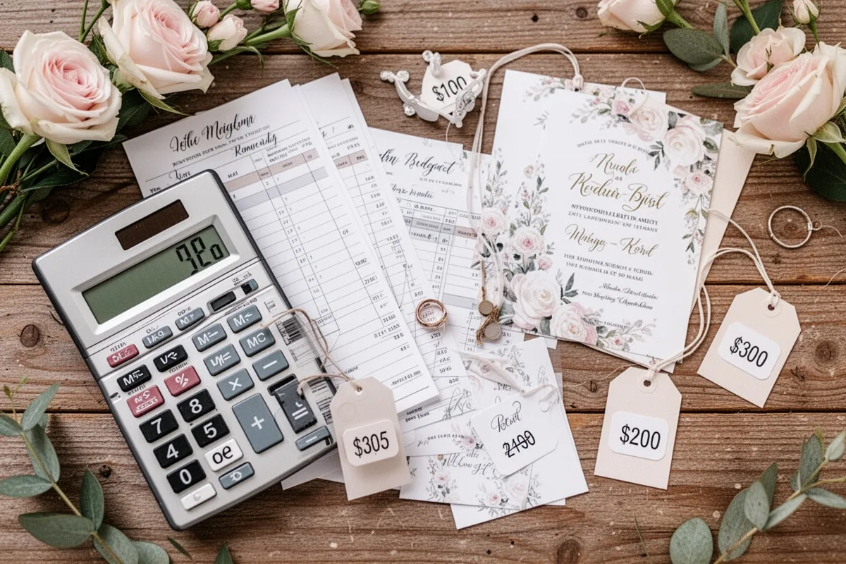 wedding budget planning with calculator wedding invitations and price tags on wooden table flat lay