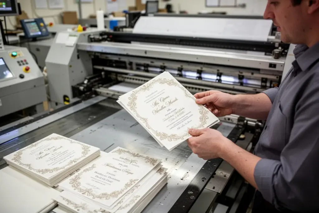 wedding invitation card printing process professional printing shop cards being reviewed