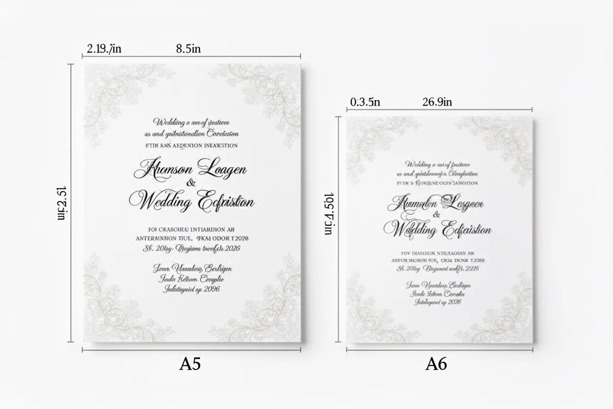 different wedding invitation card sizes A5 A6 displayed on white background size comparison