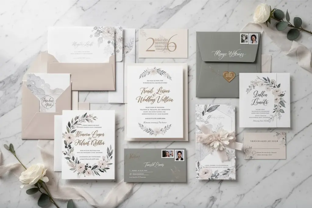 trendy 2026 wedding invitation collection various styles flat lay on marble surface