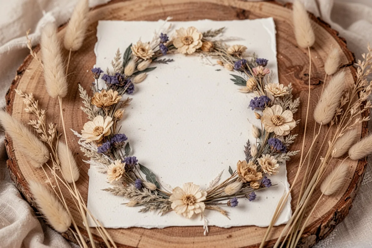 boho style wedding invitation with dried flowers and natural elements rustic aesthetic