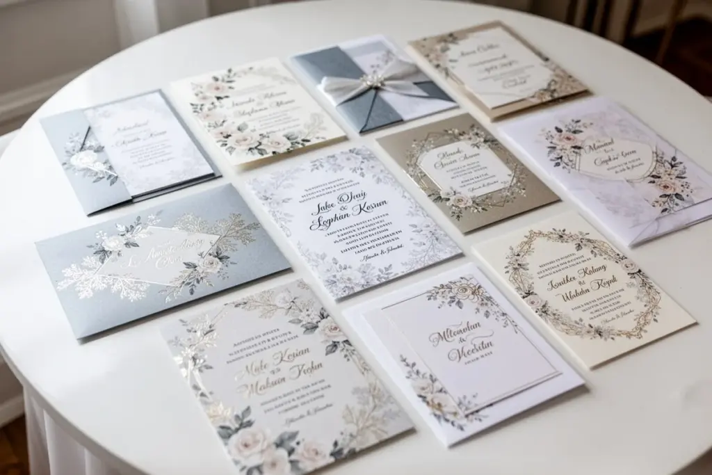 collection of beautiful wedding invitation cards spread on white table various designs elegant top view