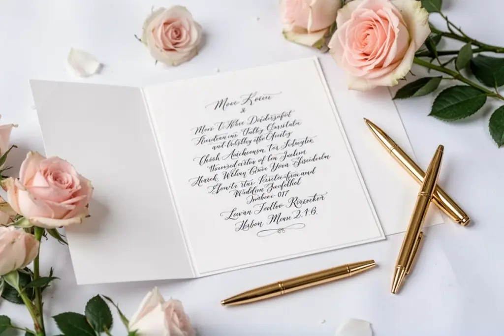 open wedding invitation with handwritten text roses and gold pen on white background romantic atmosphere