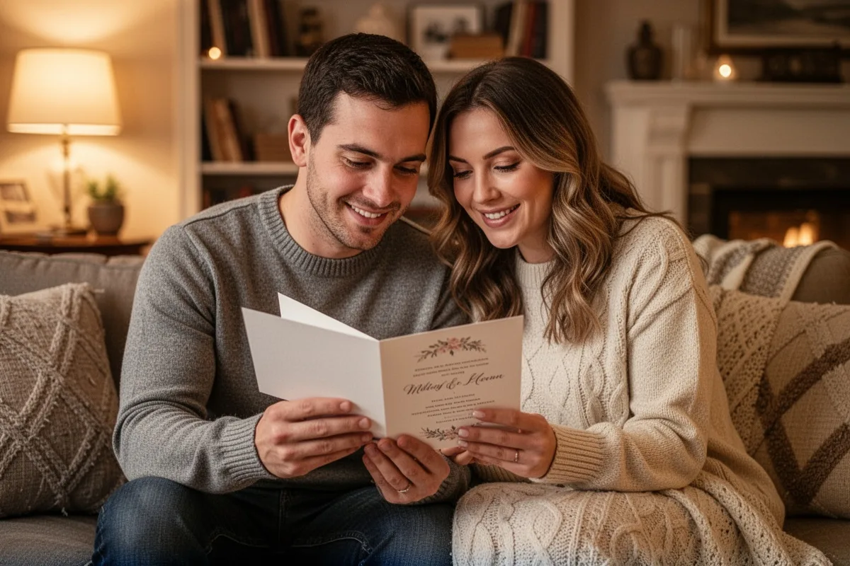couple reading wedding invitation together warm lighting cozy home setting