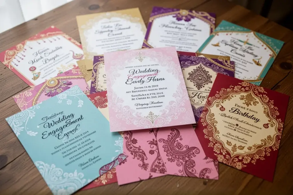 multiple event invitation cards for wedding engagement henna birthday spread on table colorful collection