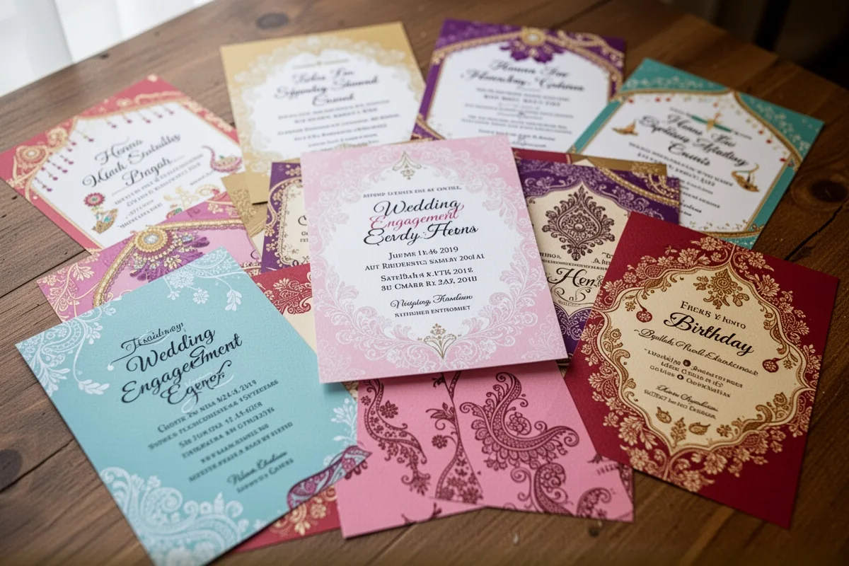multiple event invitation cards for wedding engagement henna birthday spread on table colorful collection