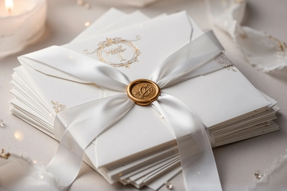 elegant white wedding invitation envelopes in stack wax seal ribbon gold details soft romantic lighting
