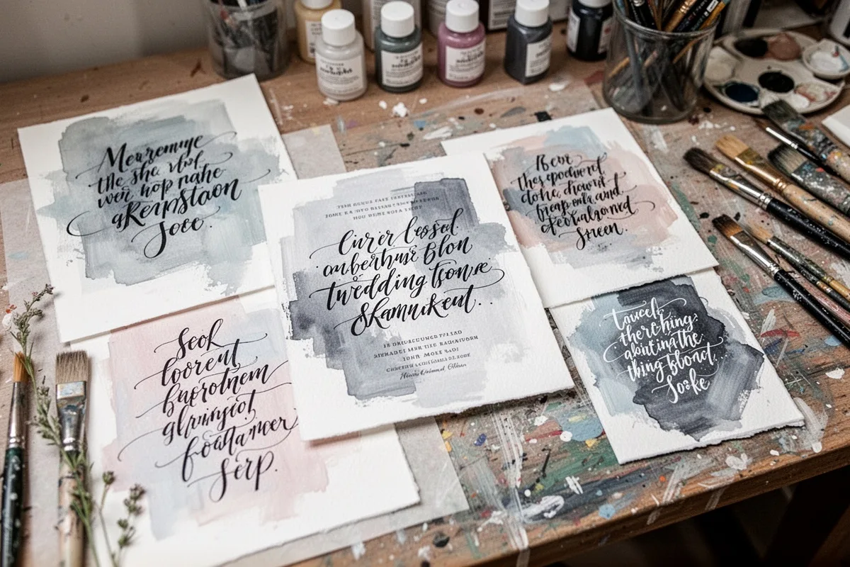 creative wedding stationery with unique quotes and modern calligraphy artist workspace
