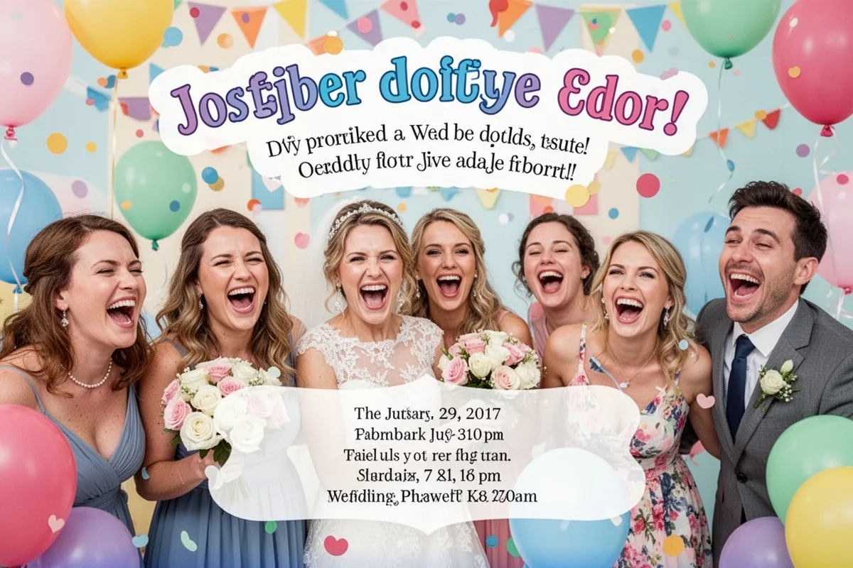 funny wedding invitation with humorous text playful colorful design guests laughing