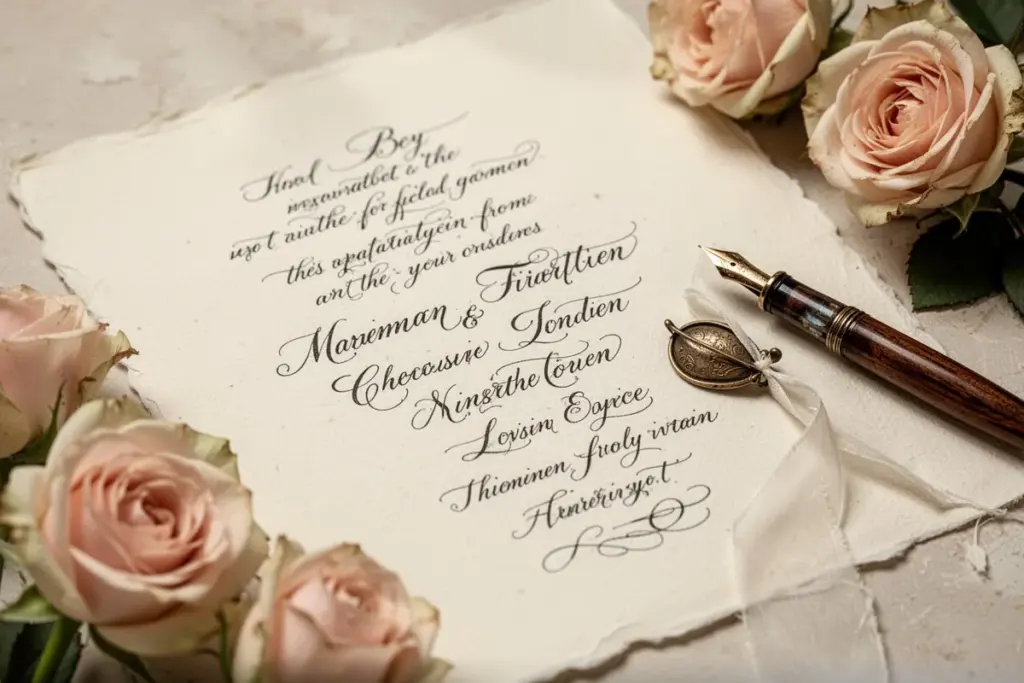 beautiful handwritten wedding invitation words on cream paper fountain pen roses vintage romantic style
