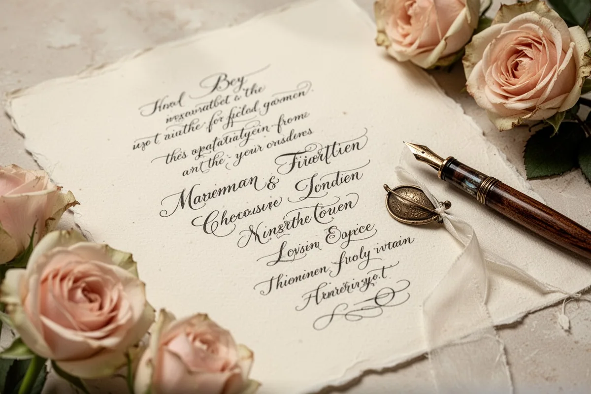 beautiful handwritten wedding invitation words on cream paper fountain pen roses vintage romantic style