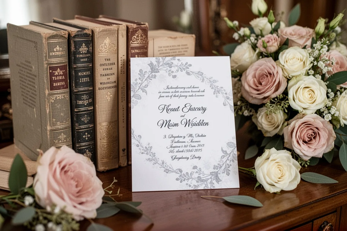 literary books and wedding invitation with flowers elegant bookish aesthetic