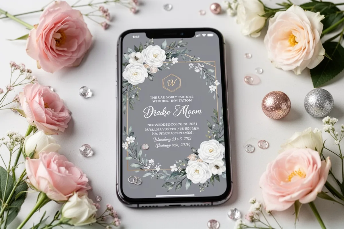 smartphone showing digital wedding invitation on screen modern design flowers and decorations around phone