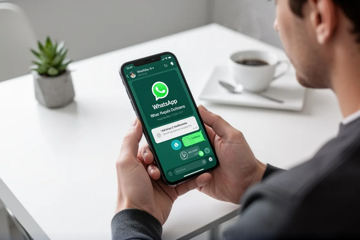 person sending digital invitation via WhatsApp on phone modern minimalist setting