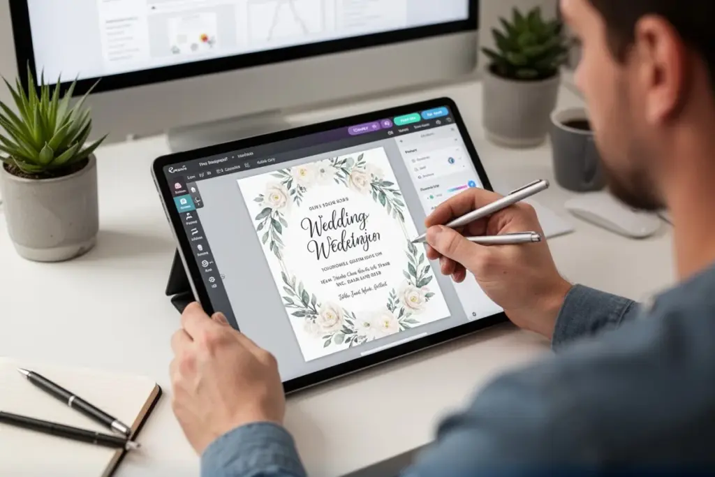 person designing digital wedding invitation on tablet Canva interface visible modern workspace