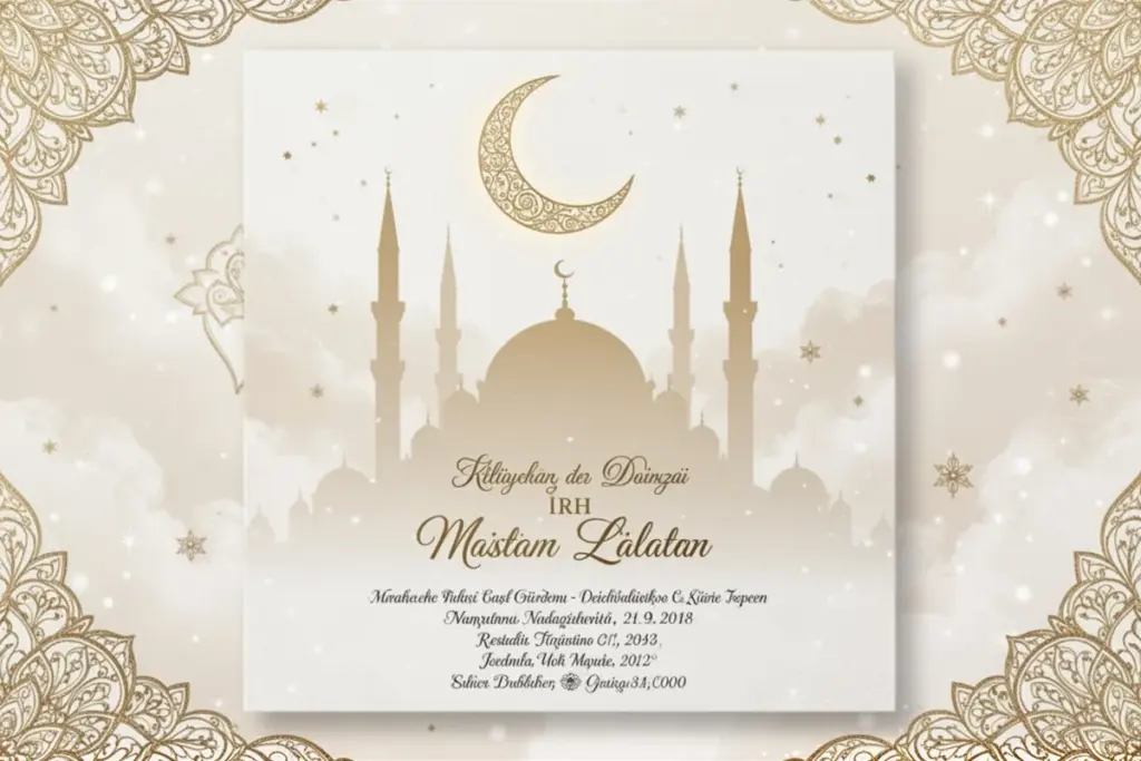religious wedding invitation card with mosque silhouette crescent moon soft gold and white tones Turkish style