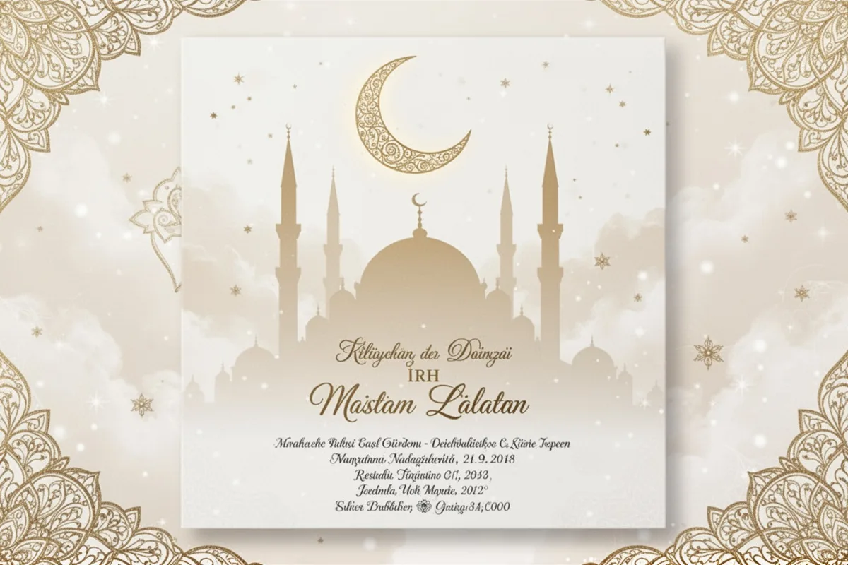 religious wedding invitation card with mosque silhouette crescent moon soft gold and white tones Turkish style