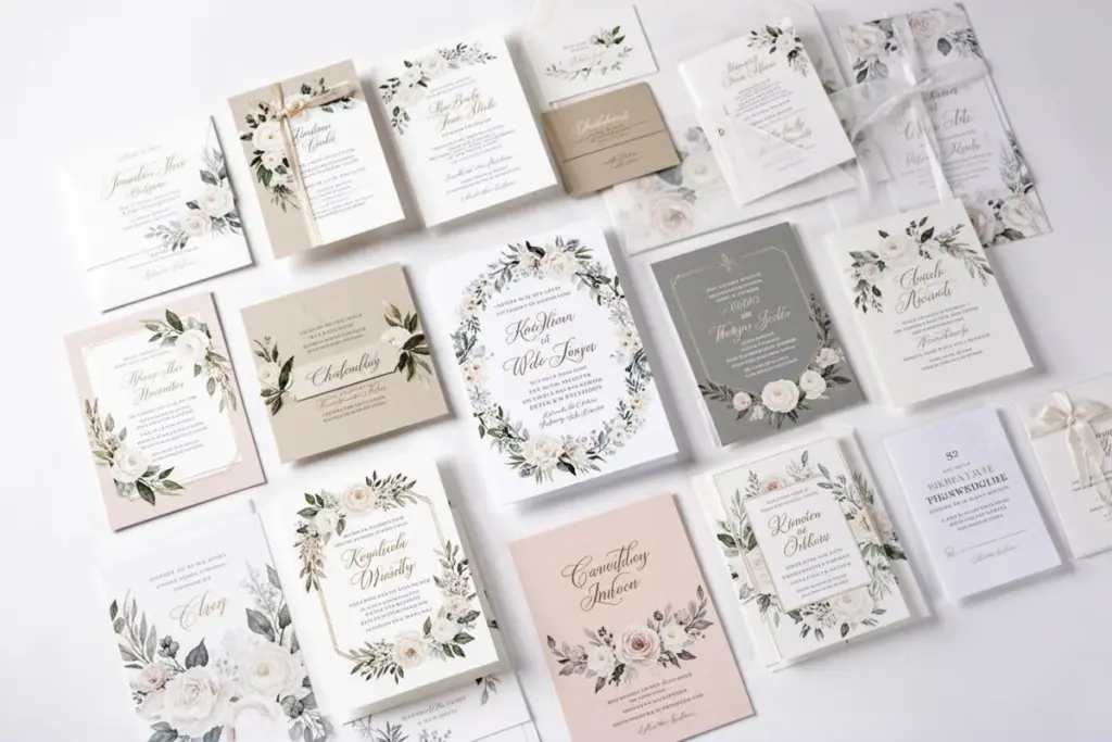 inspiring collection of wedding invitation examples various styles spread on white background aerial view