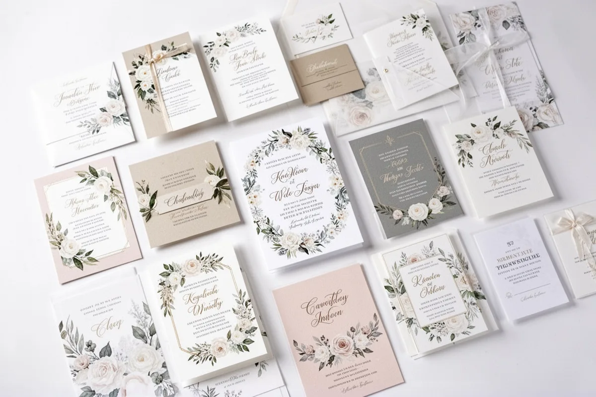 inspiring collection of wedding invitation examples various styles spread on white background aerial view