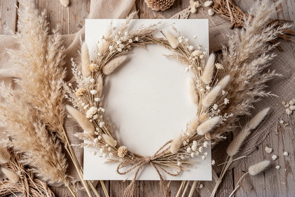 boho wedding invitation with dried flowers pampas grass rustic natural elements