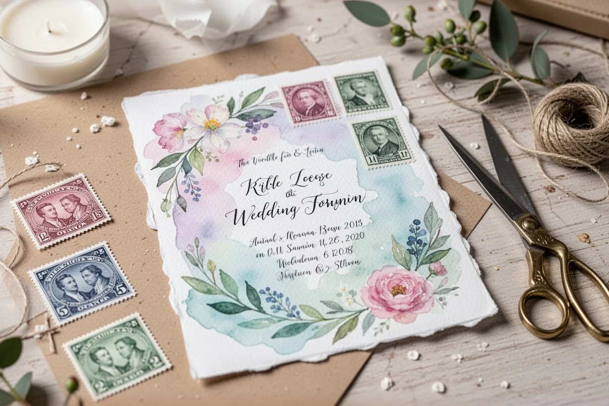 DIY handmade wedding invitation with stamps and watercolor craft table setup