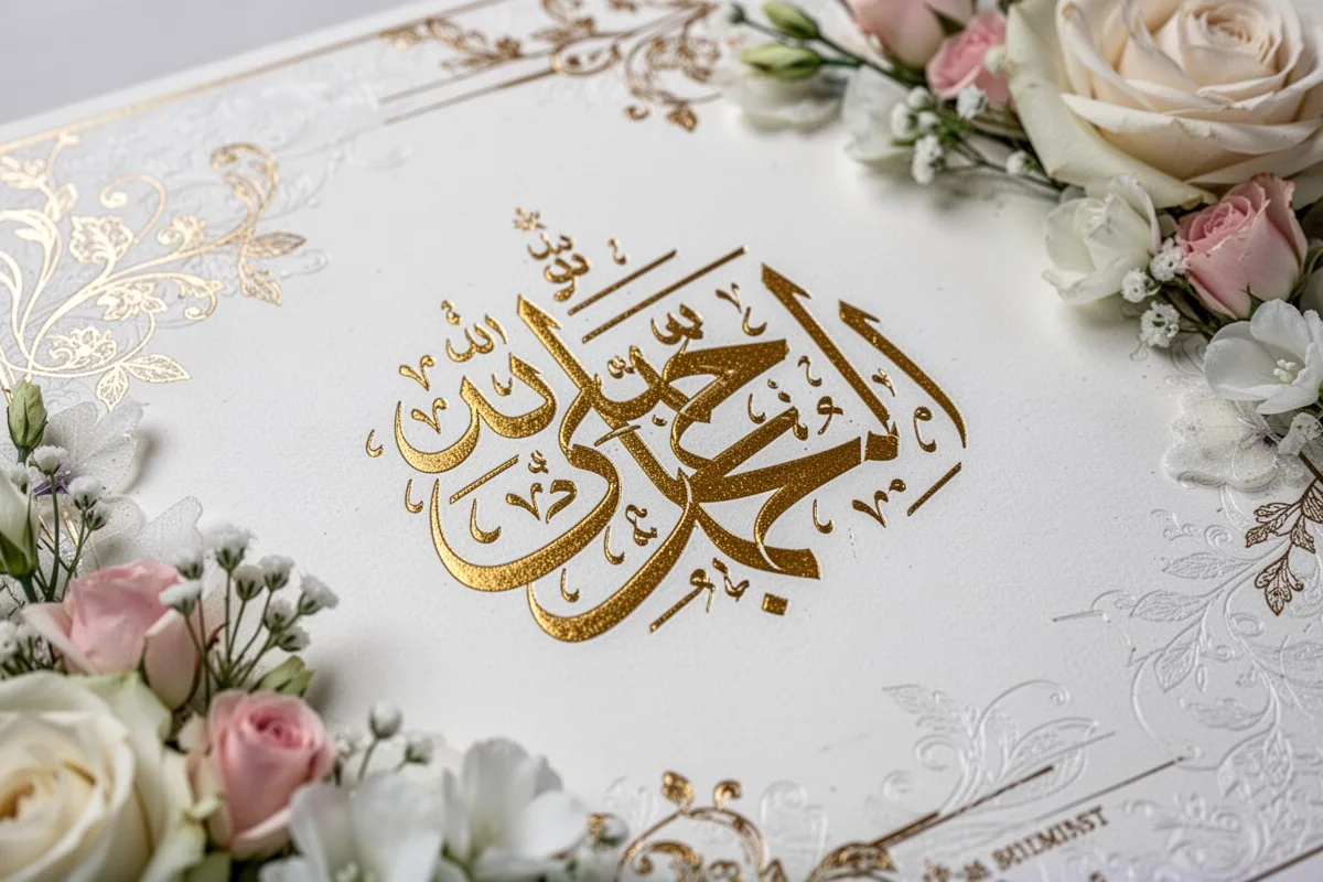 wedding invitation card with Turkish calligraphy gold foil details flowers elegant close-up photography