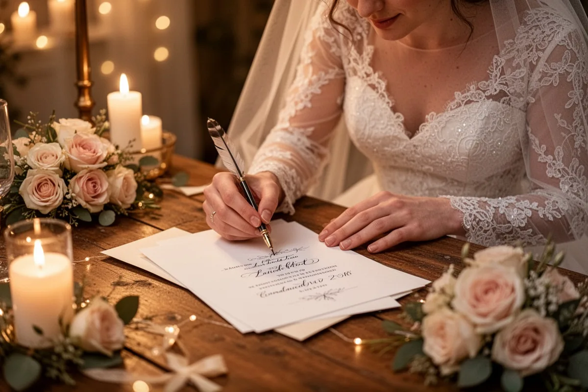 bride writing wedding invitation by hand romantic cozy atmosphere warm light