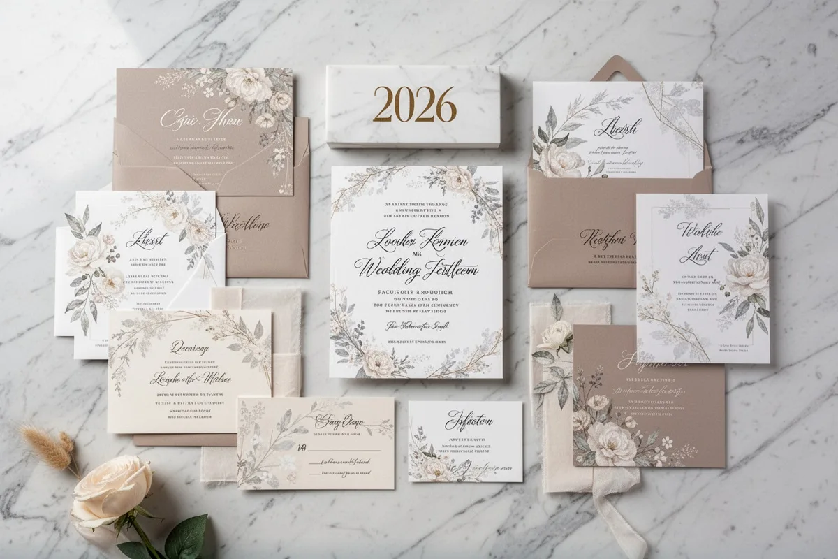 2026 wedding invitation model trends collection various styles flat lay on marble