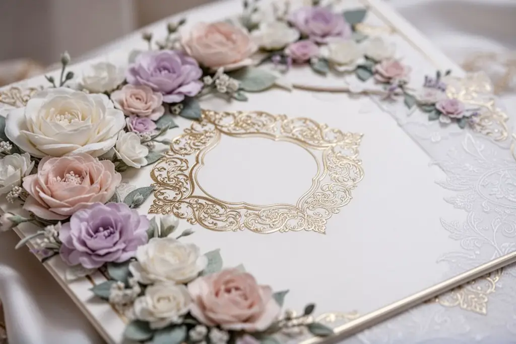 elegant wedding invitation card with flowers and gold details Turkish style soft lighting close-up