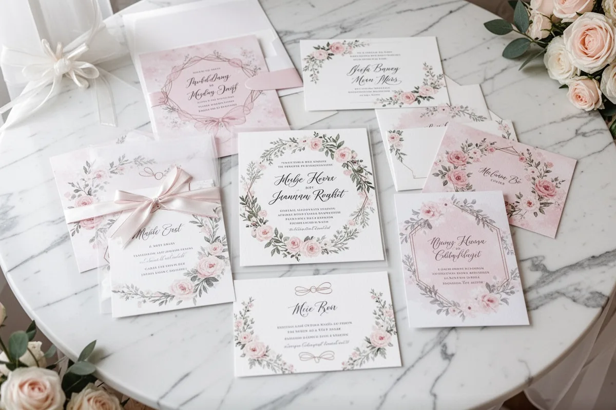 wedding invitation cards collection on white marble table various romantic designs top view