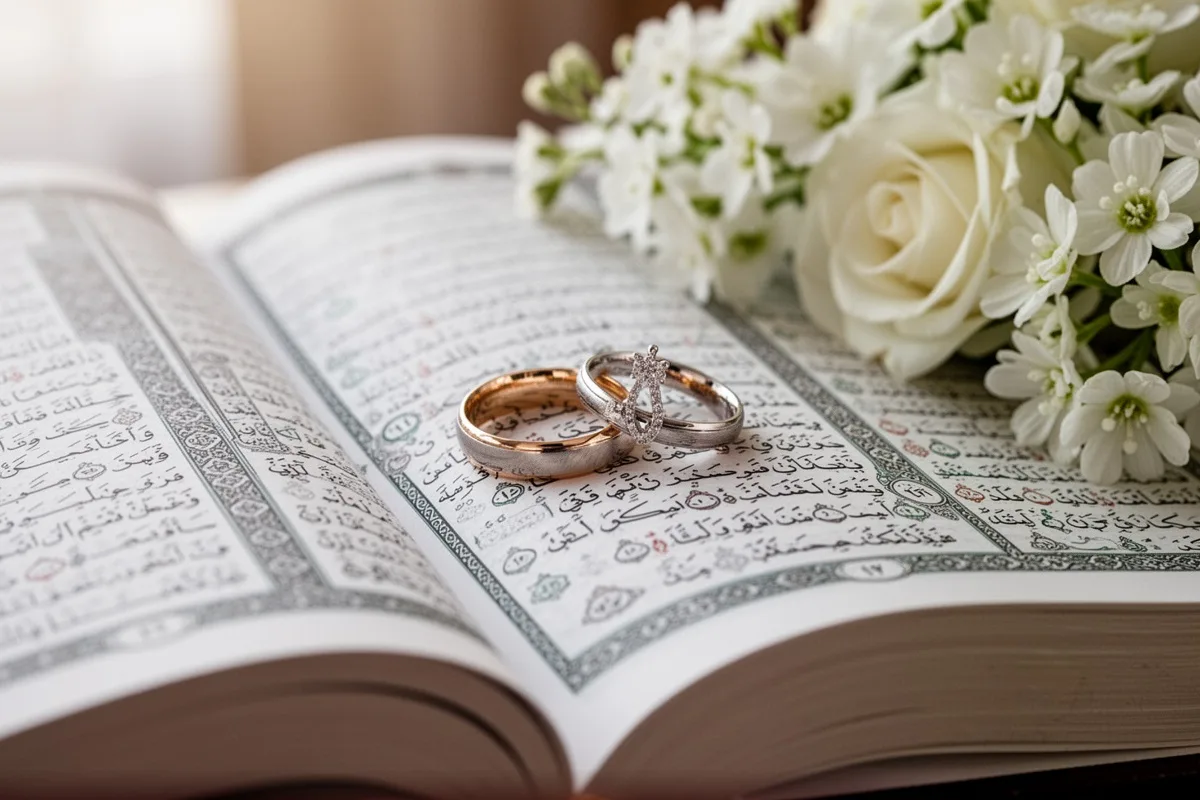 Quran open with wedding rings and white flowers soft religious atmosphere close-up