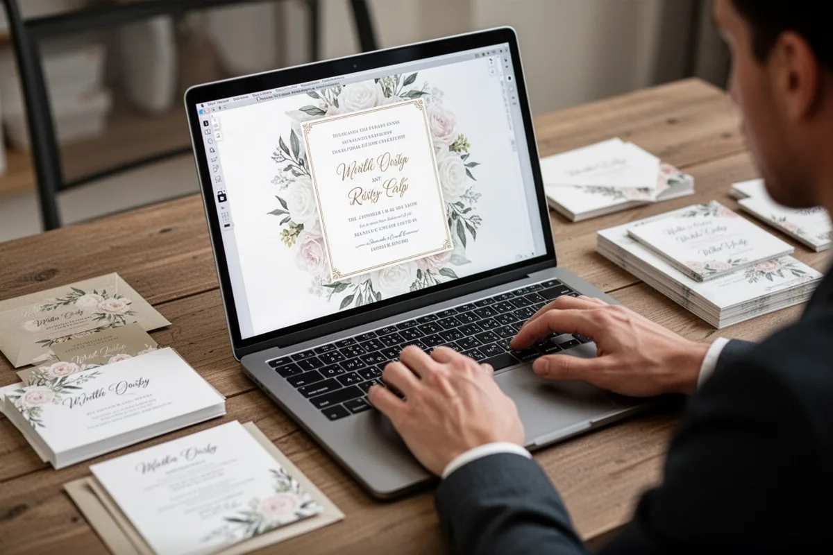 wedding invitation template design on laptop screen designer working stationery samples around