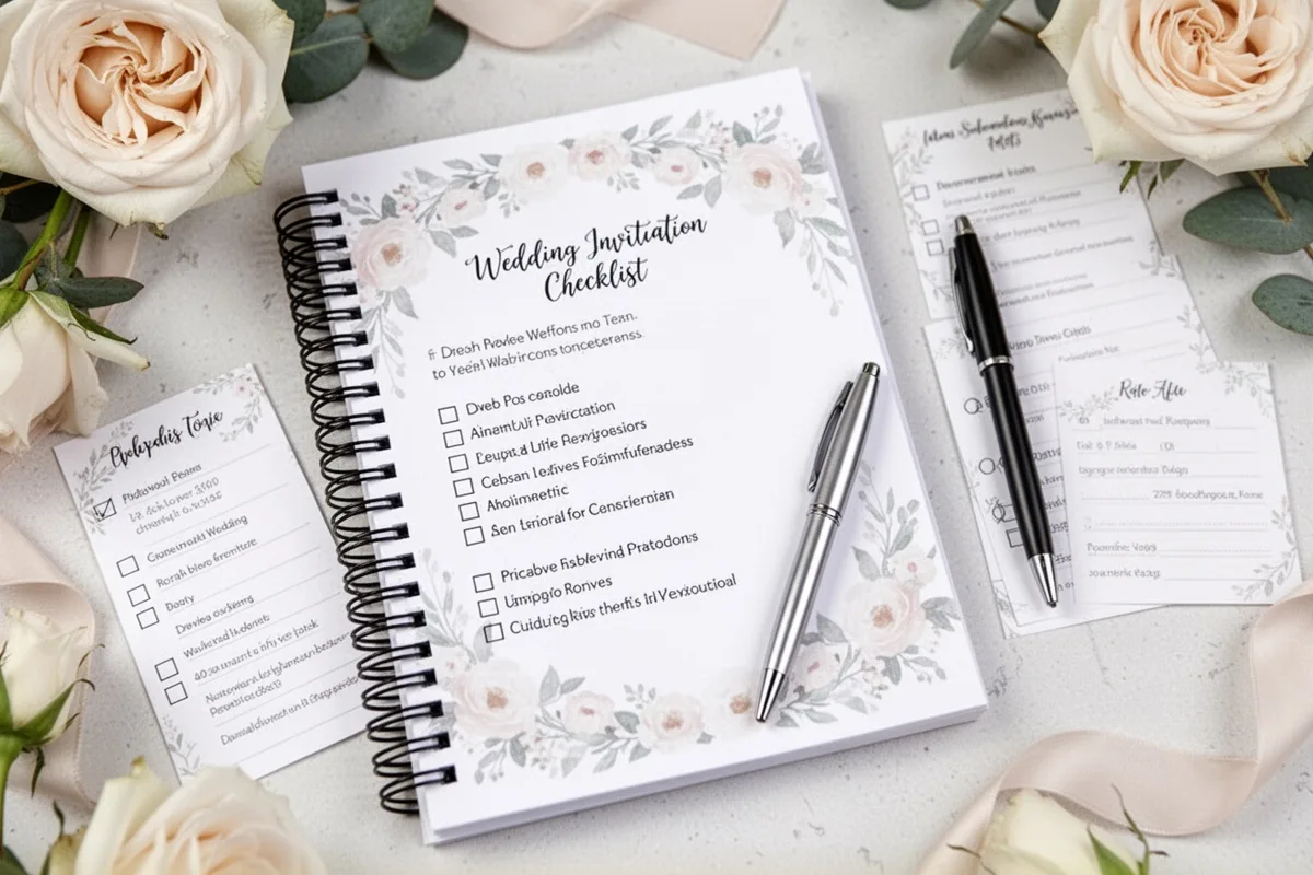 wedding invitation checklist on notepad with pen organized planning flat lay