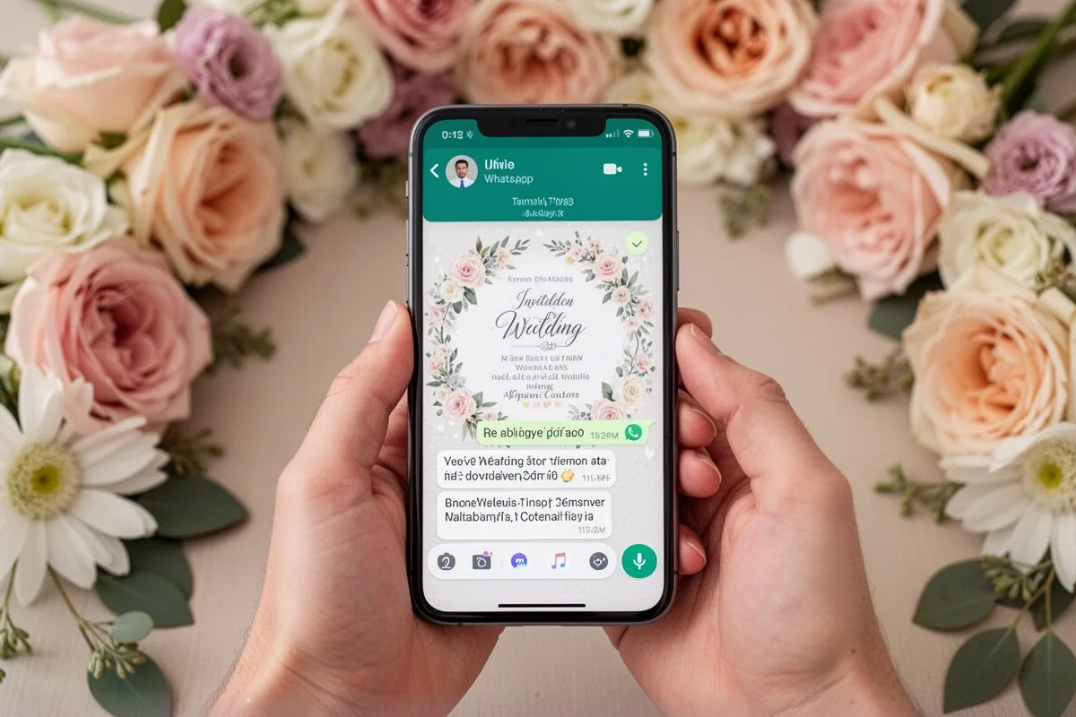 hands holding smartphone showing wedding invitation WhatsApp message decorative flowers background