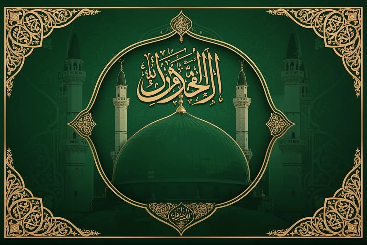 religious mevlid ceremony invitation card Ottoman calligraphy style green and gold mosque motif