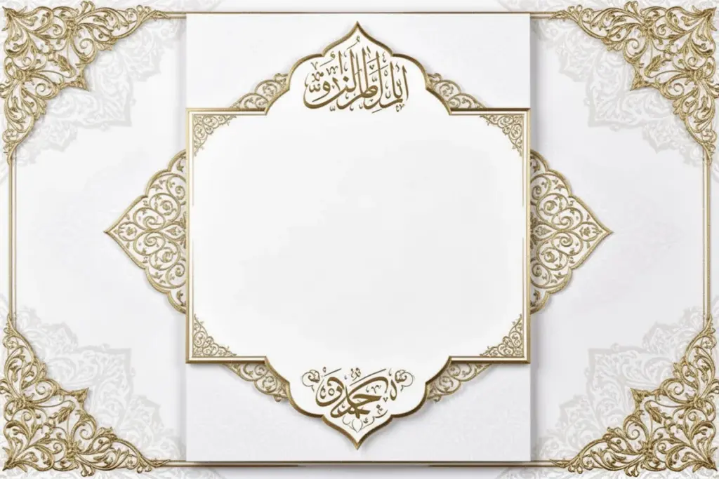 elegant nikah wedding ceremony invitation card Islamic style white and gold Turkish calligraphy details