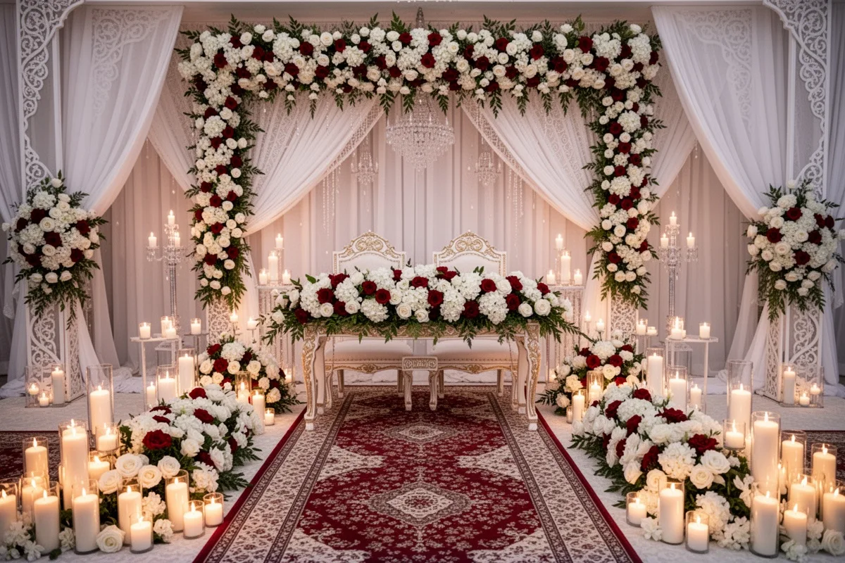 nikah ceremony setup with flowers and candles traditional Turkish wedding decoration