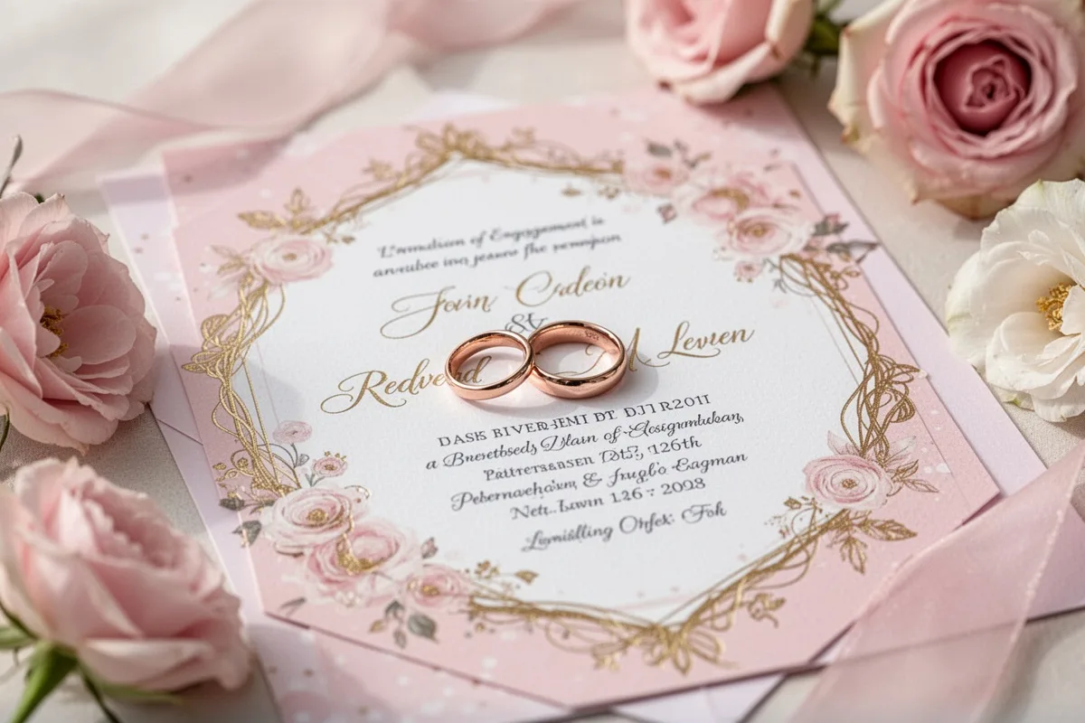 elegant engagement invitation cards pastel pink and gold rose gold rings flowers romantic atmosphere