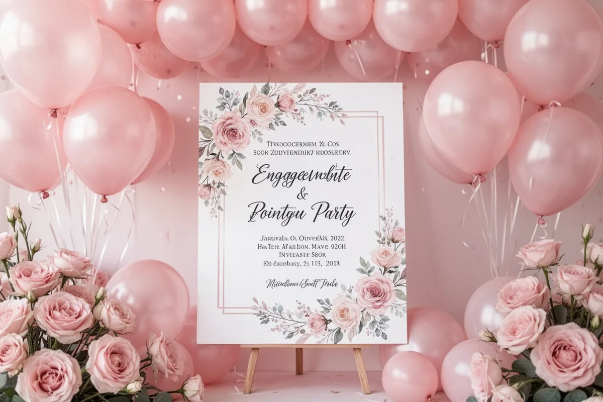 engagement party decoration with invitation card balloons and flowers soft pink tones