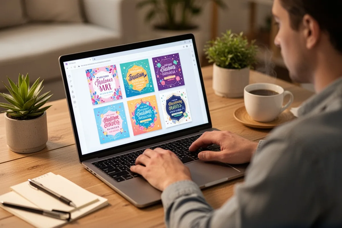 person creating online digital invitation on laptop colorful templates on screen home office