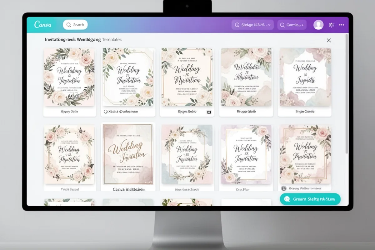 Canva wedding invitation template selection screen on computer various design options